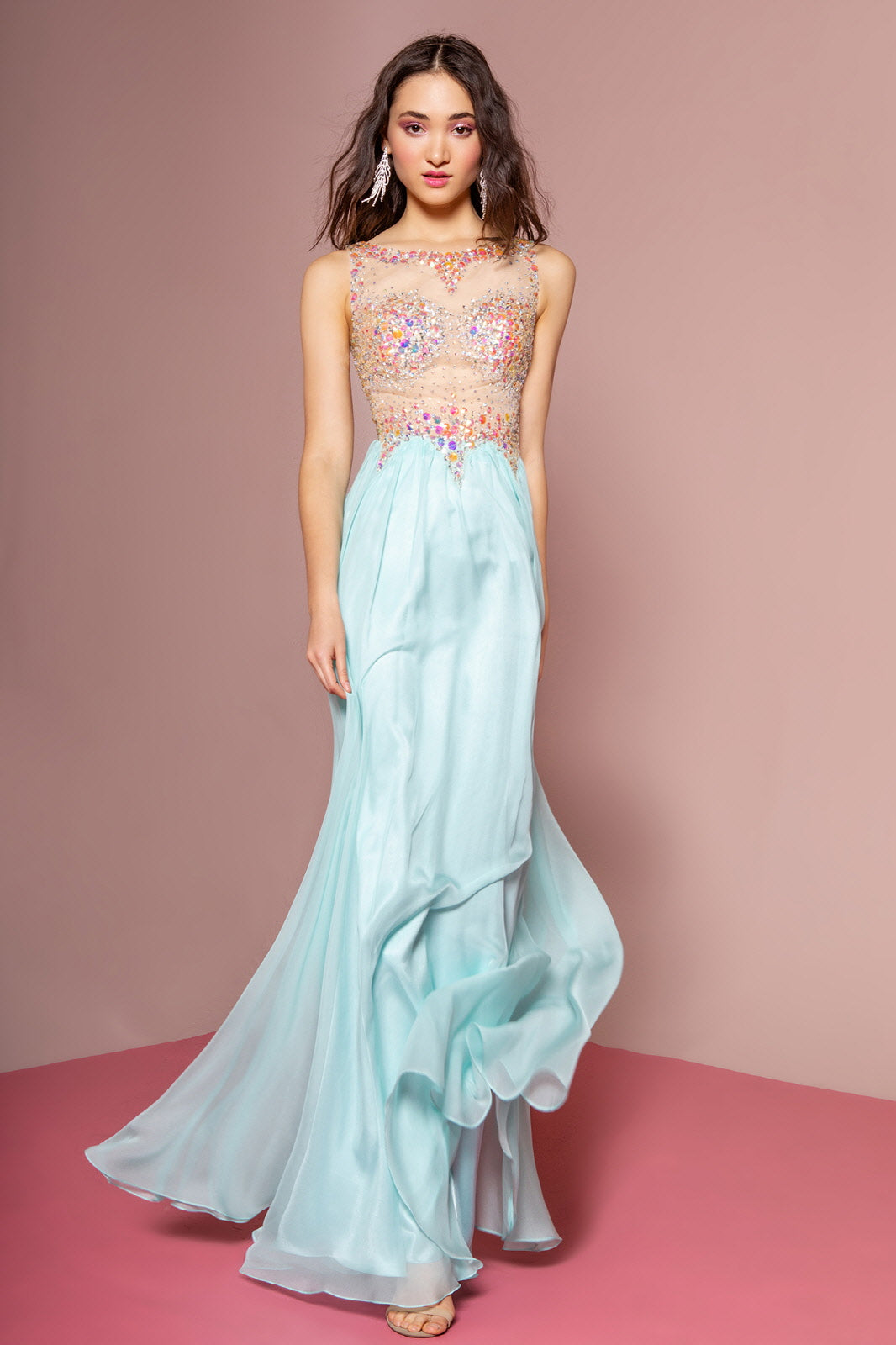 Beaded Chiffon Long Dress w/ Sequin Embellished Sheer Bodice and Corset Back XL / Tiffany Beaded Chiffon Long Dress w/ Sequin Embellished Sheer Bodice and Corset Back XL / Tiffany