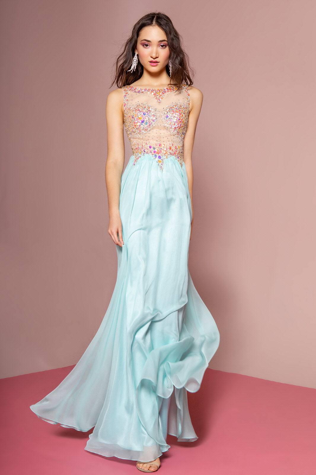 Beaded Chiffon Long Dress W/ Sequin Embellished Sheer Bodice and Corset Back