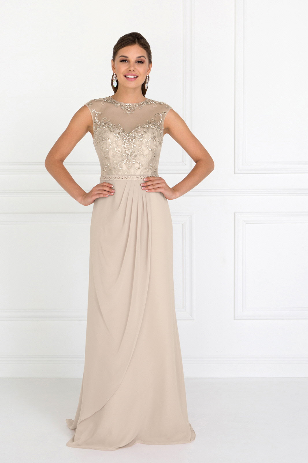 Sleeveless Chiffon Floor Length Dress with Jewel Embellished Bodice and Back