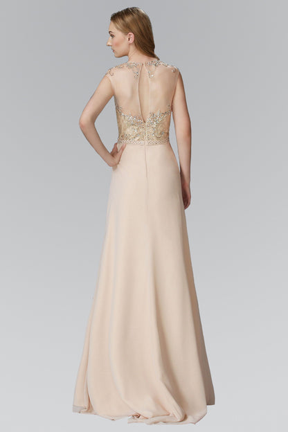 Sleeveless Chiffon Floor Length Dress with Jewel Embellished Bodice and Back