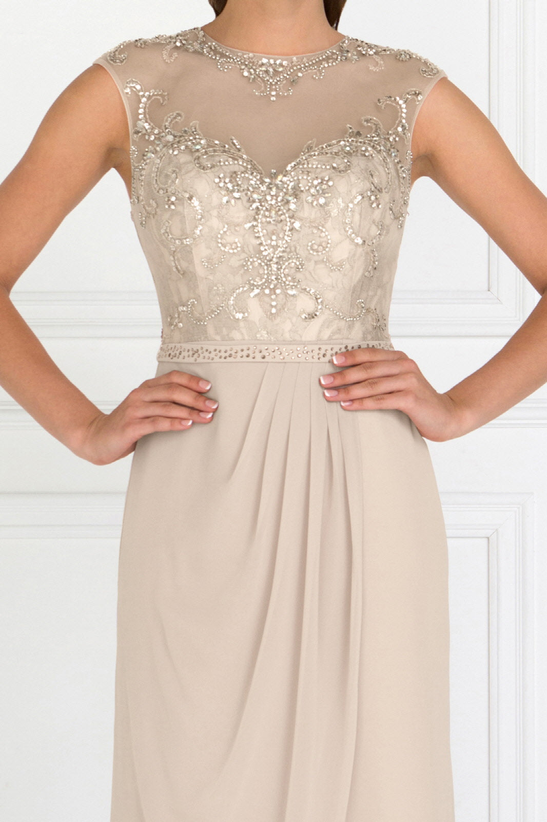 Sleeveless Chiffon Floor Length Dress with Jewel Embellished Bodice and Back