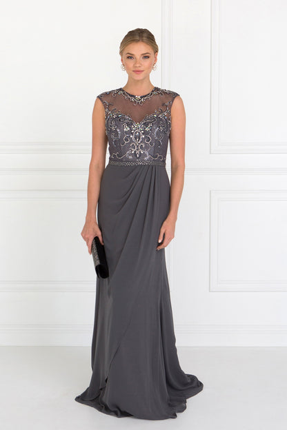 Sleeveless Chiffon Floor Length Dress with Jewel Embellished Bodice and Back