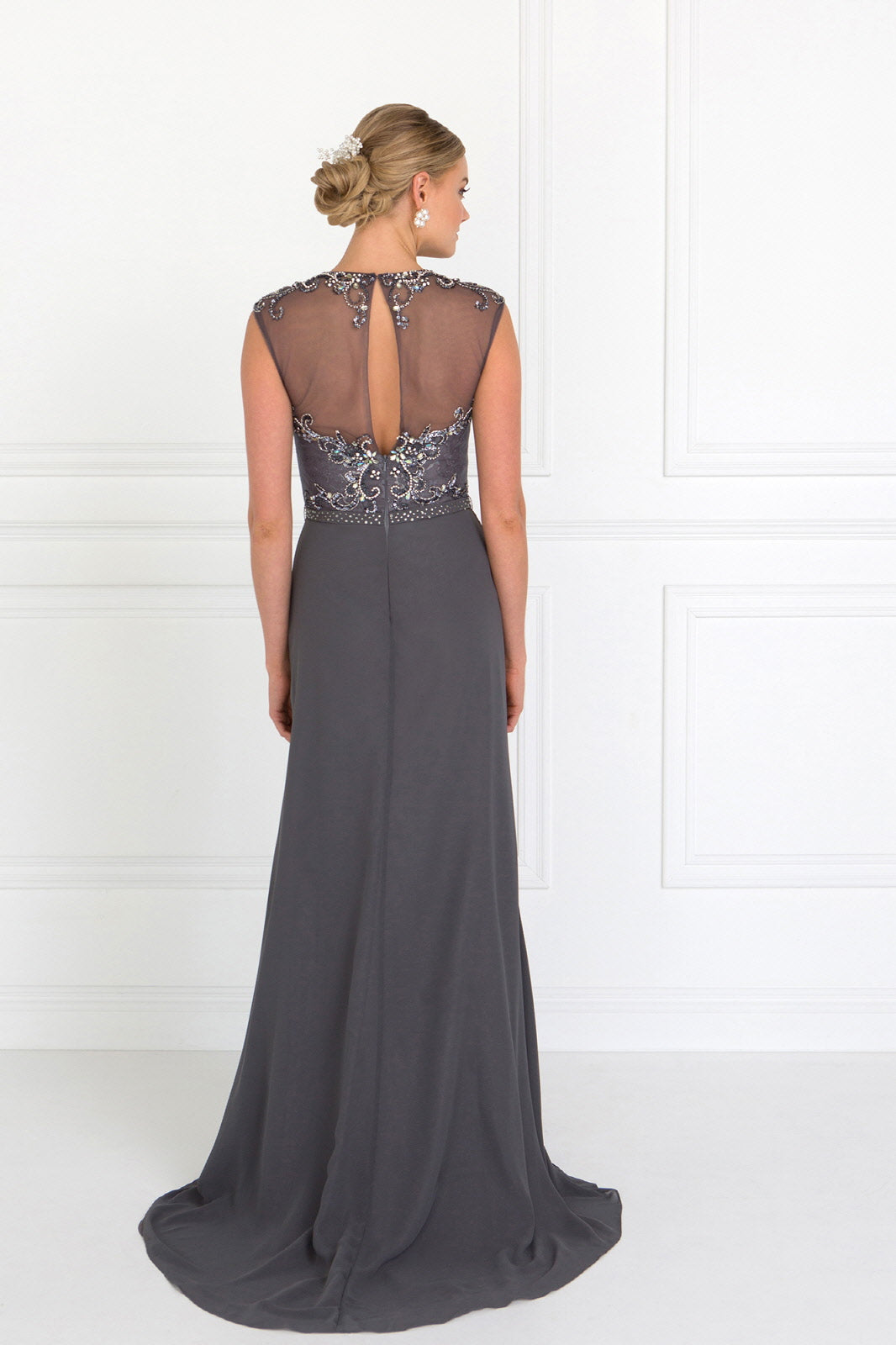 Sleeveless Chiffon Floor Length Dress with Jewel Embellished Bodice and Back