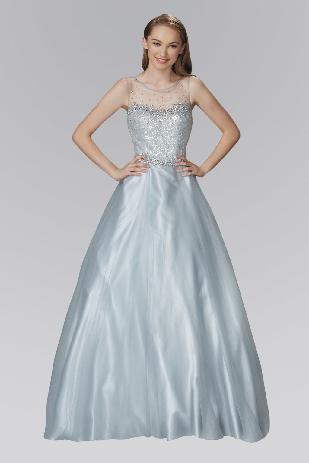 A-Line Long Dress with Sequin Embellished Sheer Bodice and back