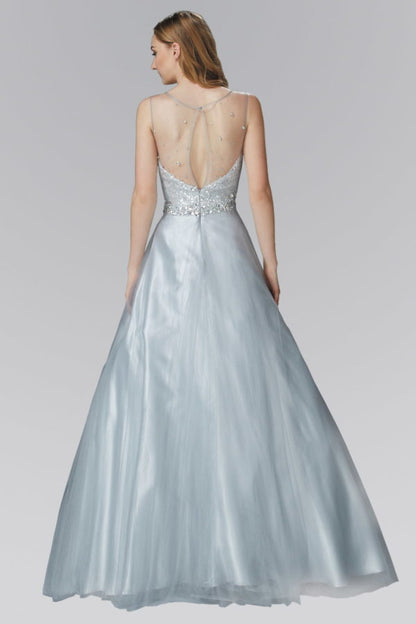 A-Line Long Dress with Sequin Embellished Sheer Bodice and back