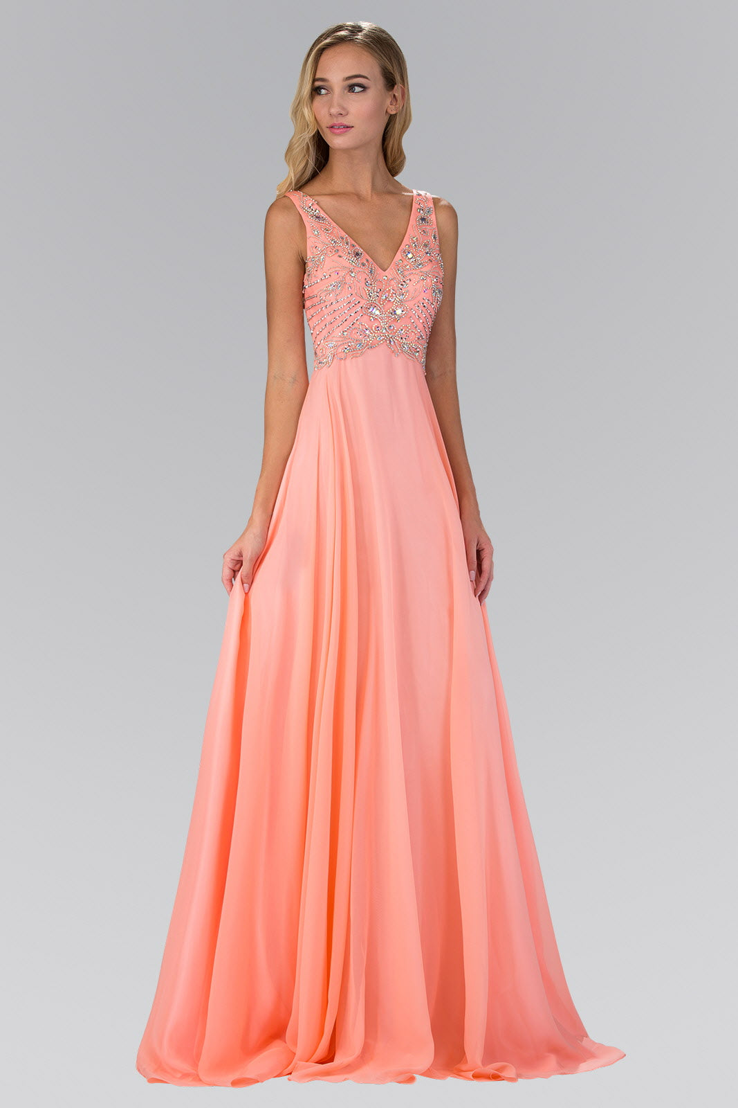 V Neck and Back Chiffon Floor Length Dress with Jewel and Sequin Bodice