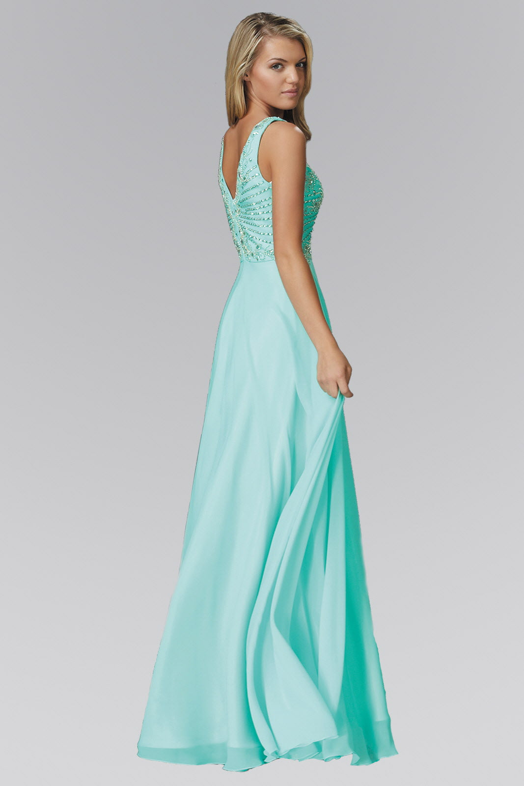 V Neck and Back Chiffon Floor Length Dress with Jewel and Sequin Bodice S / Tiffany