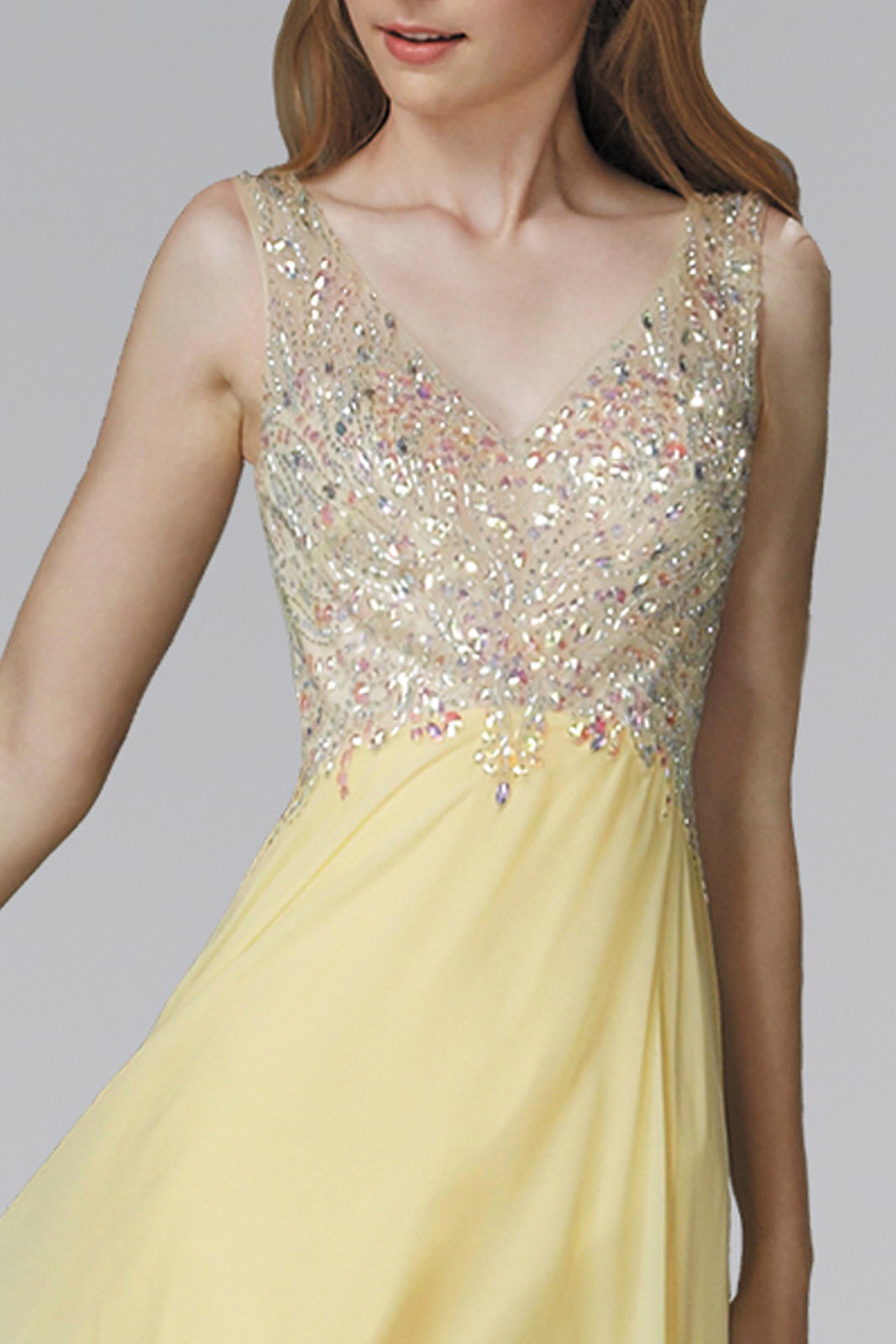 V-Neck Chiffon Floor Length Dress with Jewel Embellished Bodice