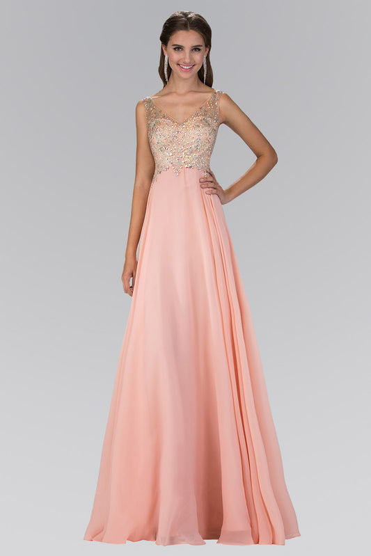 V-Neck Chiffon Floor Length Dress with Jewel Embellished Bodice