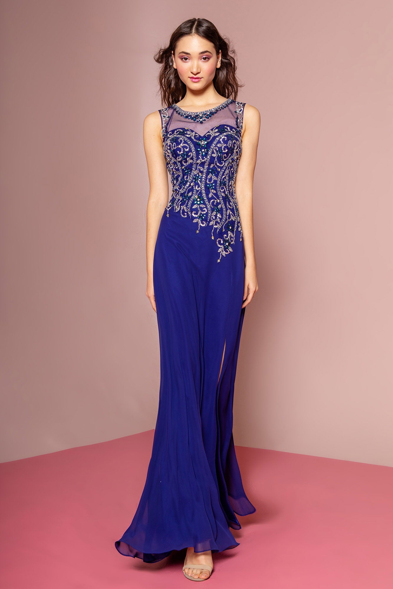 Beaded Chiffon Floor Length Dress with Sheer Neckline and Side Slit