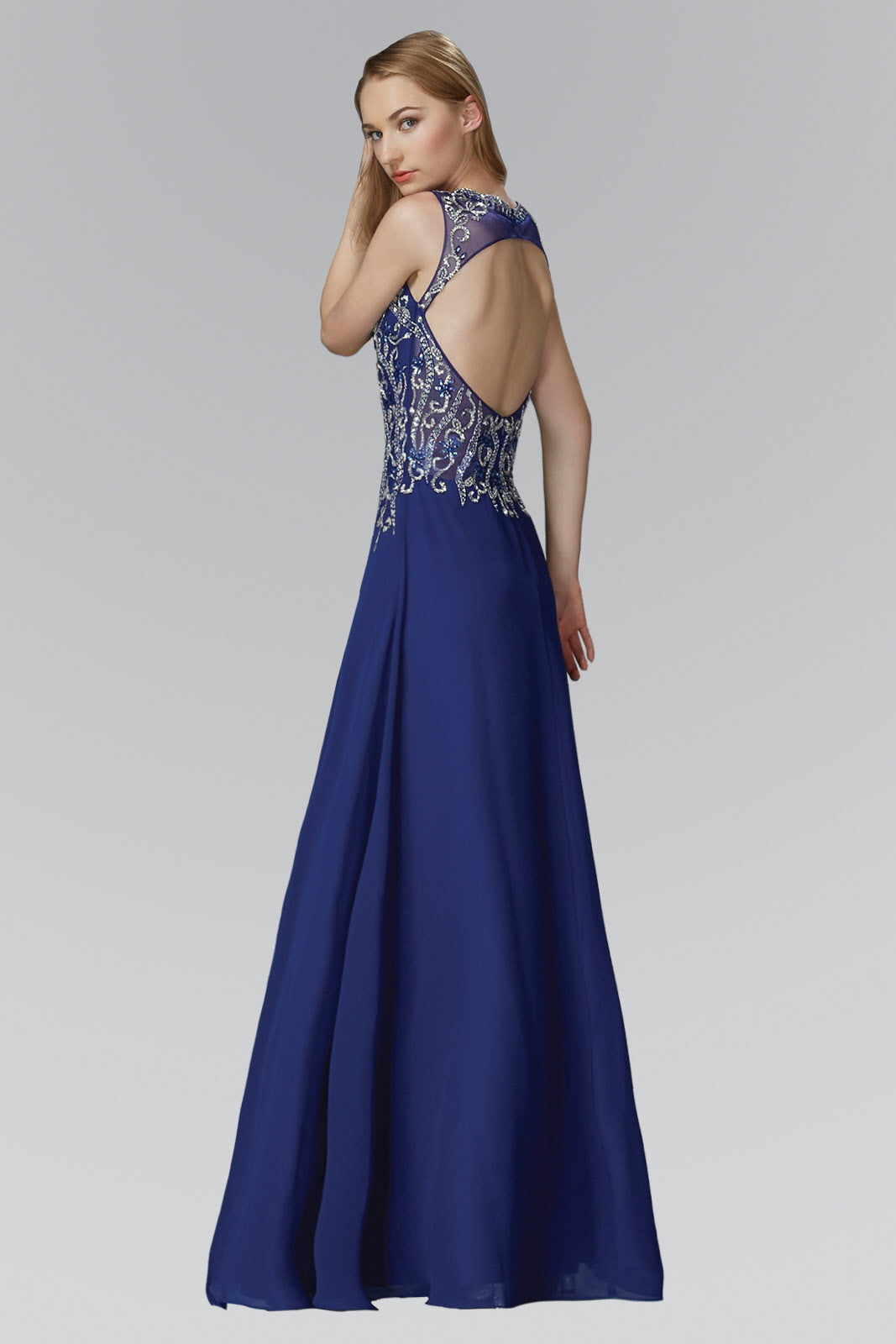 Beaded Chiffon Floor Length Dress with Sheer Neckline and Side Slit