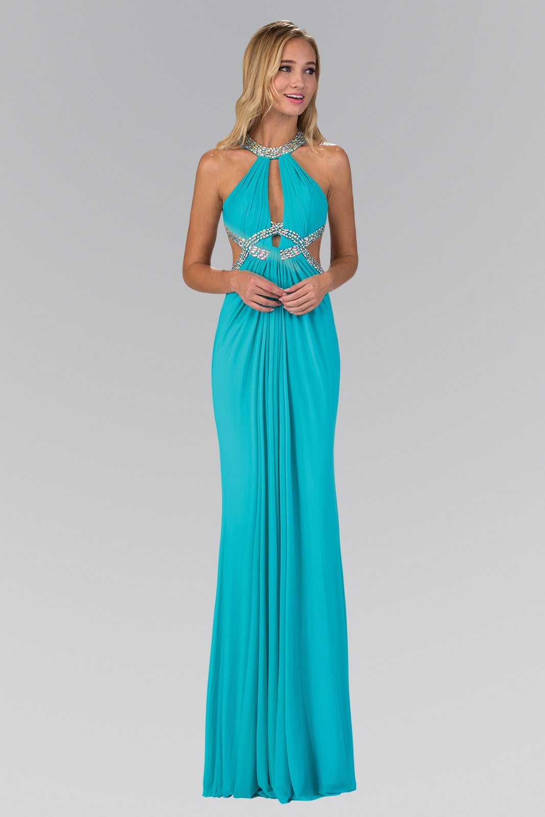 Long Dress Accented with Jewel Embellished Bodice and Cut Outs M / Tiffany Long Dress Accented with Jewel Embellished Bodice and Cut Outs M / Tiffany