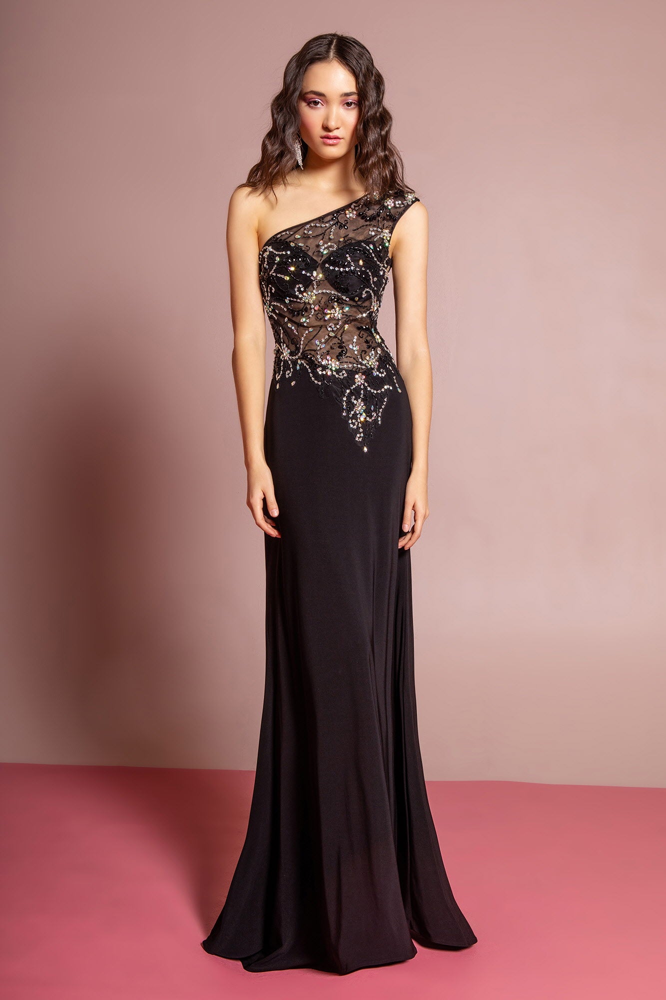 One Shoulder Jersey Floor Length Dress with Jewel Accents and Sheer Bodice