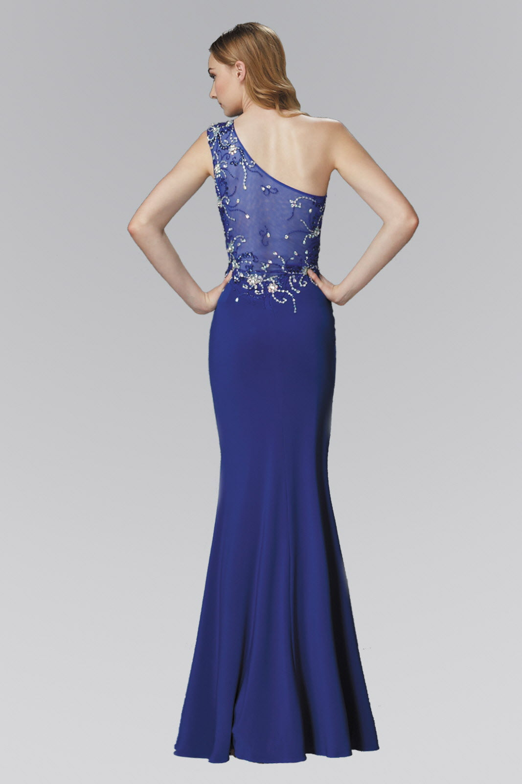 One Shoulder Jersey Floor Length Dress with Jewel Accents and Sheer Bodice