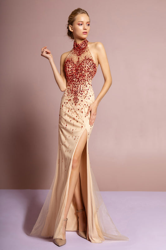 Jeweled High Neck Open Back Dress