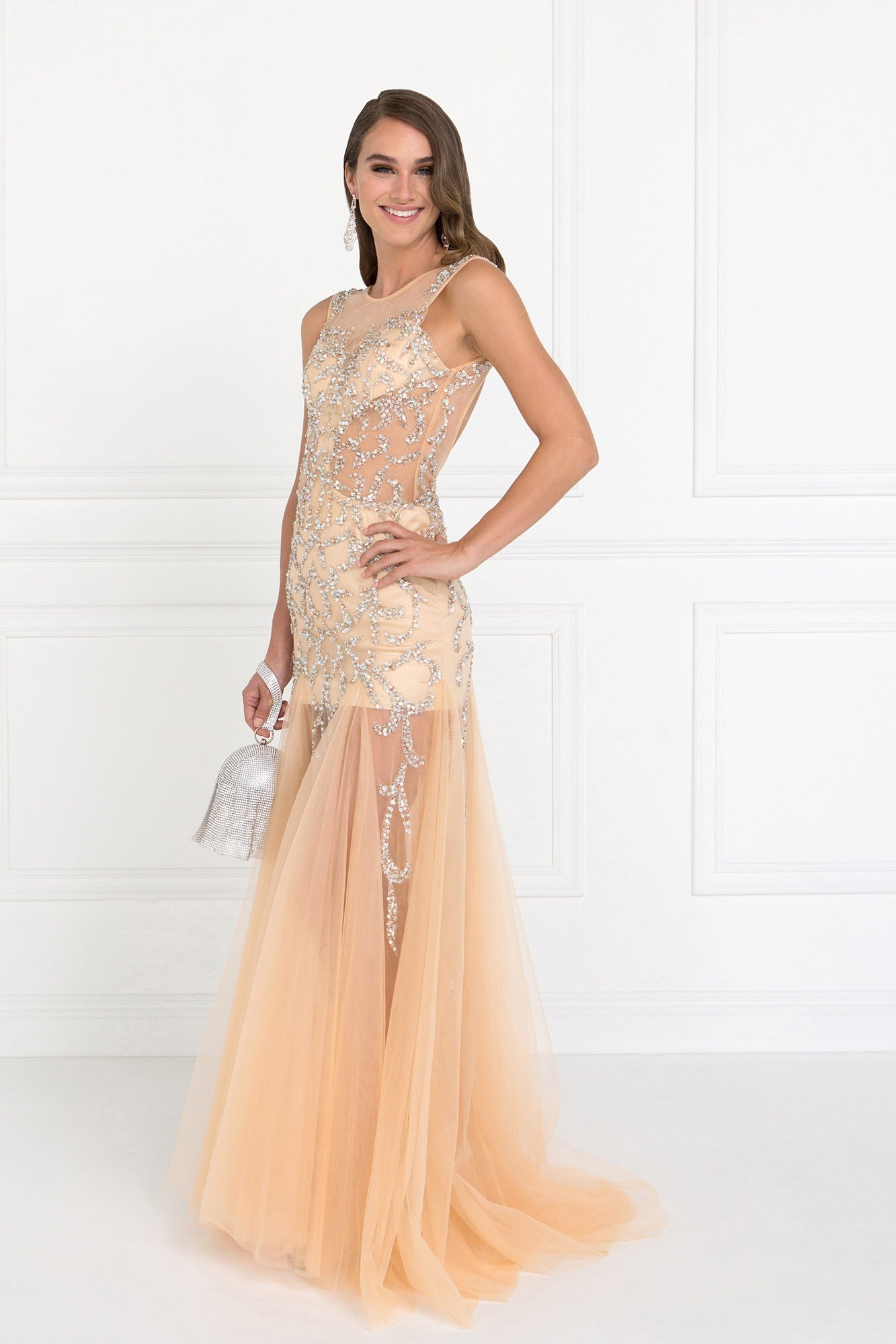 Beaded Floor Length Dress with Sheer Bodice and Open Back