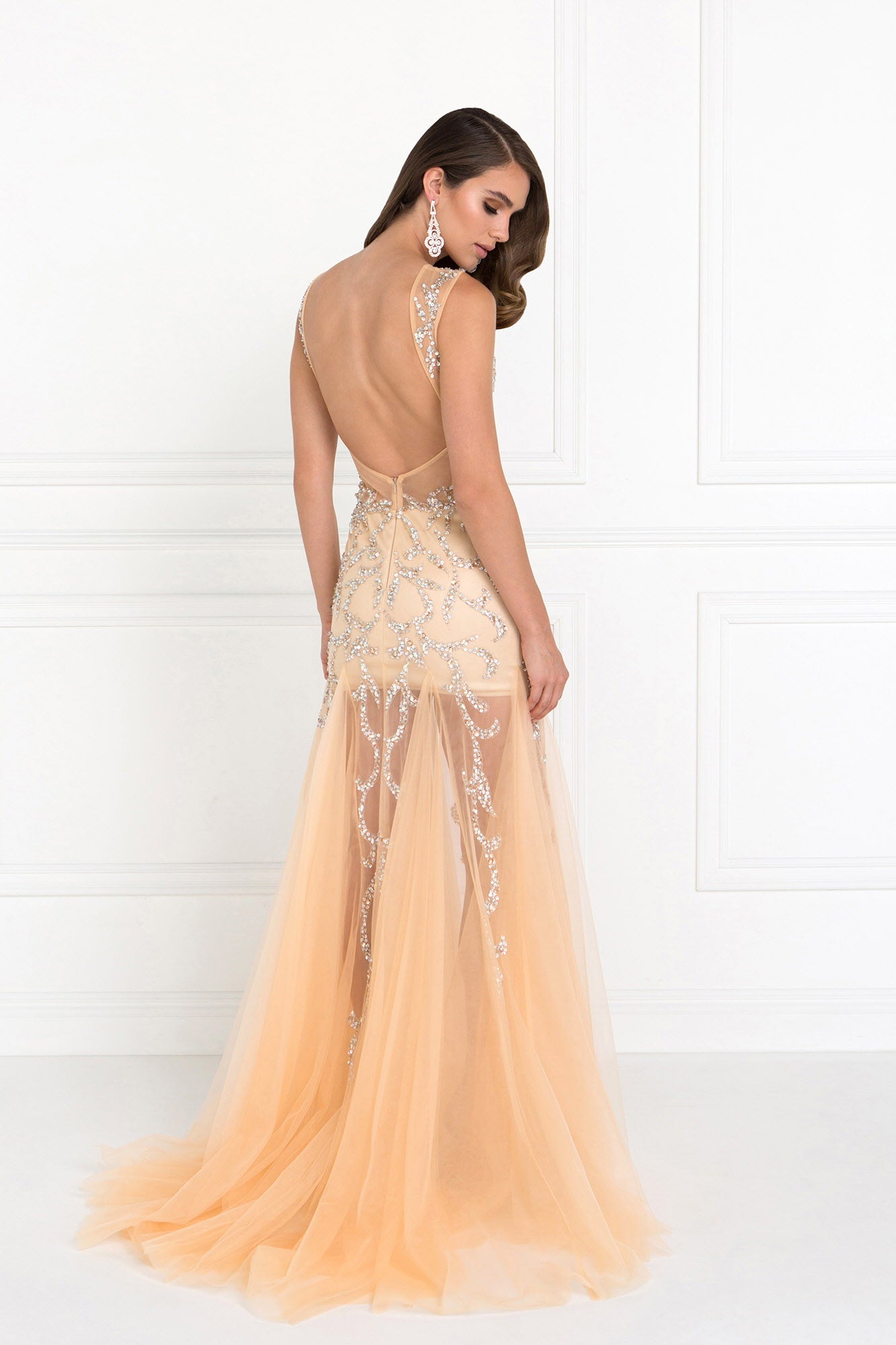 Beaded Floor Length Dress with Sheer Bodice and Open Back