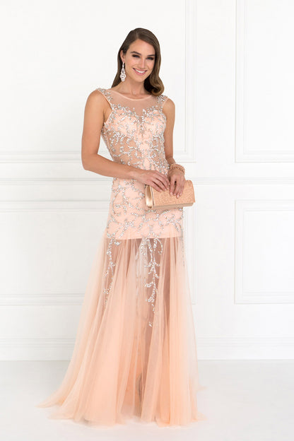 Beaded Floor Length Dress with Sheer Bodice and Open Back