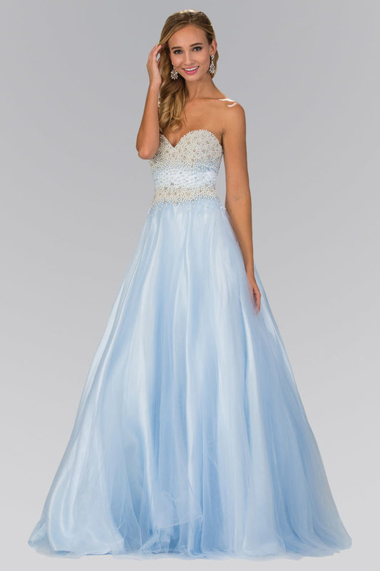 Strapless Sweetheart A-Line Tulle Long Dress with Bead and Pearl Embellished Bodice