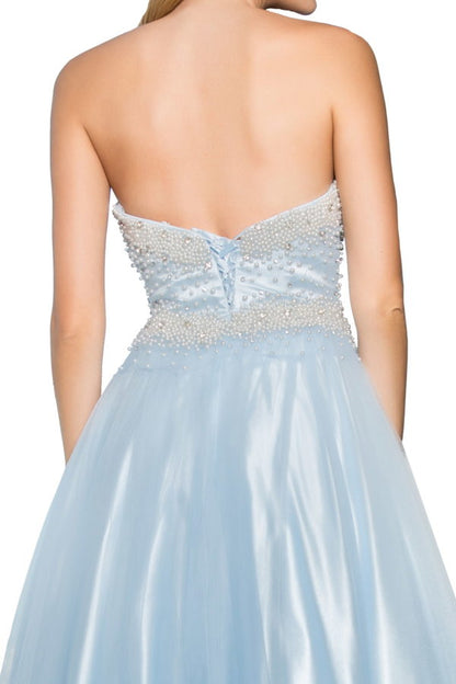 Strapless Sweetheart A-Line Tulle Long Dress with Bead and Pearl Embellished Bodice