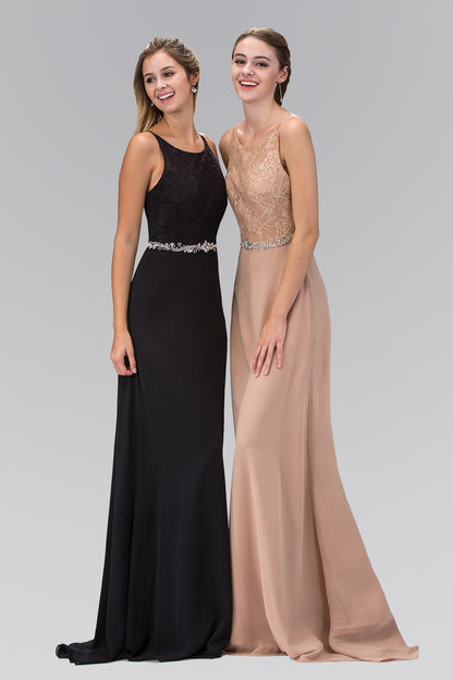 Chiffon Floor Length Dress Accented with Jewel Waistband