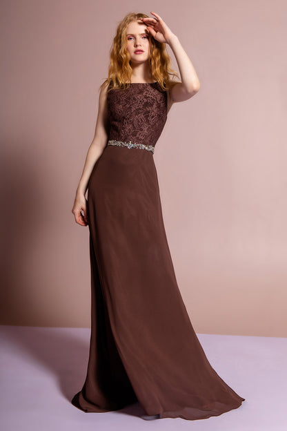 Chiffon Floor Length Dress Accented with Jewel Waistband