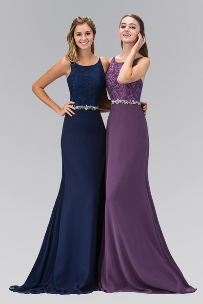 Chiffon Floor Length Dress Accented with Jewel Waistband