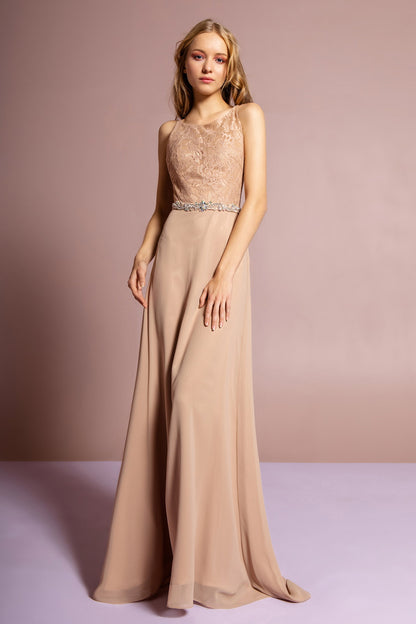 Chiffon Floor Length Dress Accented with Jewel Waistband