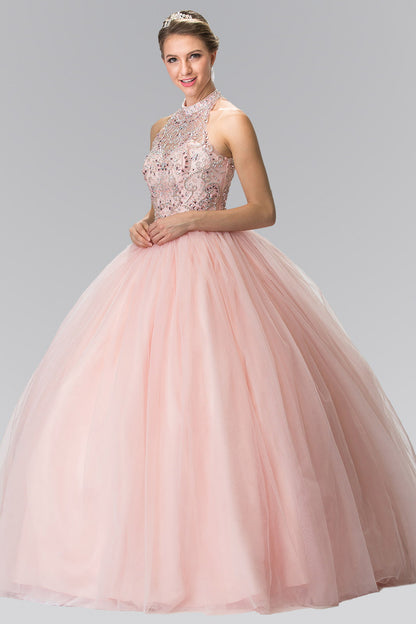 Mesh High Neck Quinceanera Dress with Beaded Bodice and Corset Back