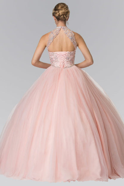 Mesh High Neck Quinceanera Dress with Beaded Bodice and Corset Back