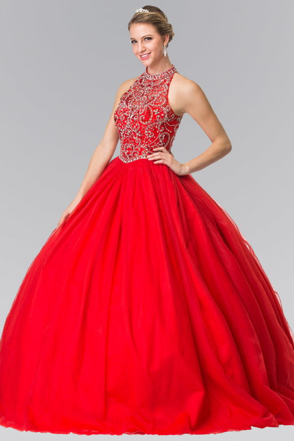 Mesh High Neck Quinceanera Dress with Beaded Bodice and Corset Back