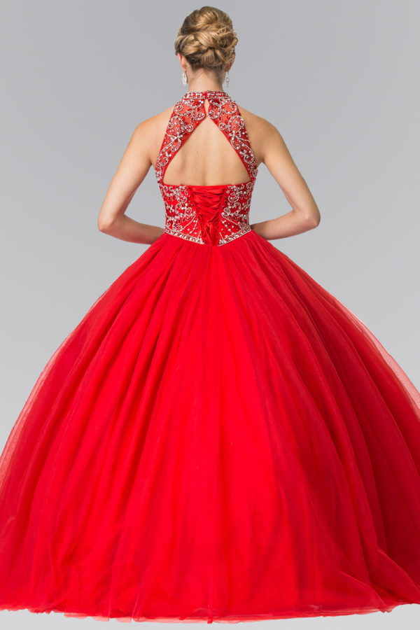 Mesh High Neck Quinceanera Dress with Beaded Bodice and Corset Back