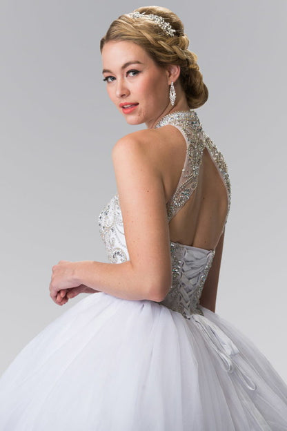 Mesh High Neck Quinceanera Dress with Beaded Bodice and Corset Back