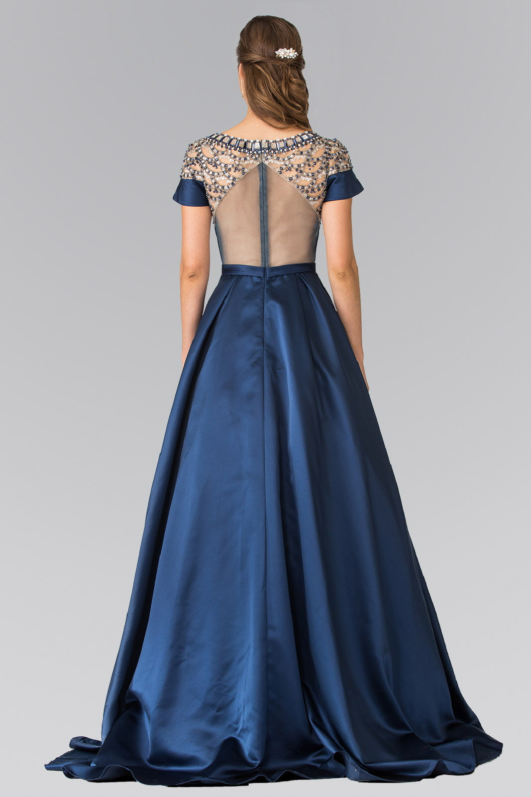 Beads Embellished Mikado Long Dress with Sheer Back M / Navy