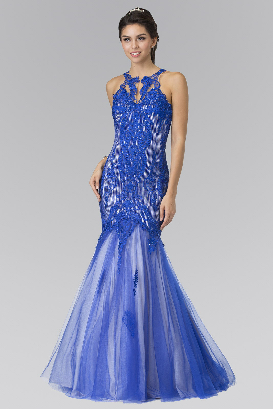 Halter Neck Long Mermaid Prom Dress with Lace Applique and Sheer Lace Back