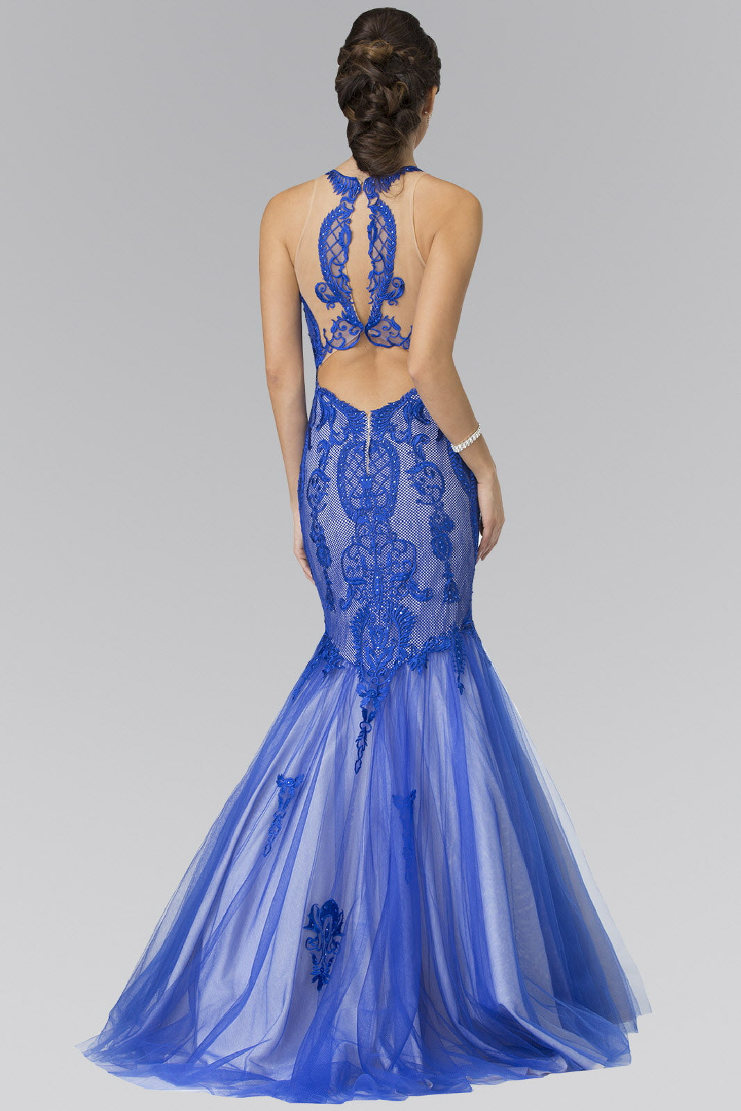 Halter Neck Long Mermaid Prom Dress with Lace Applique and Sheer Lace Back