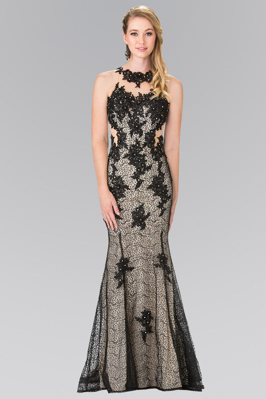 High Neck Mermaid Long Lace Dress with Embroidered Illusion Bodice