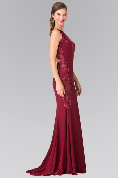 Open-Back Jersey Long Dress Accented with Side Embroidery