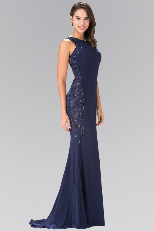 Open-Back Jersey Long Dress Accented with Side Embroidery