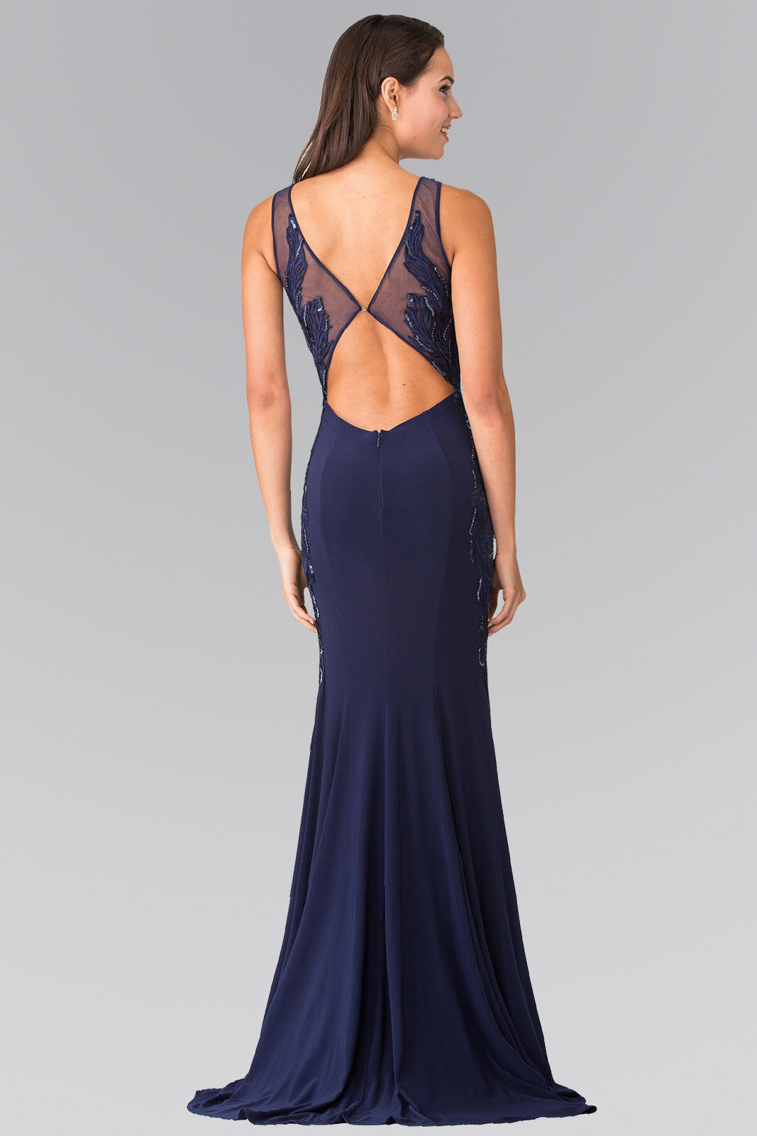 Open-Back Jersey Long Dress Accented with Side Embroidery