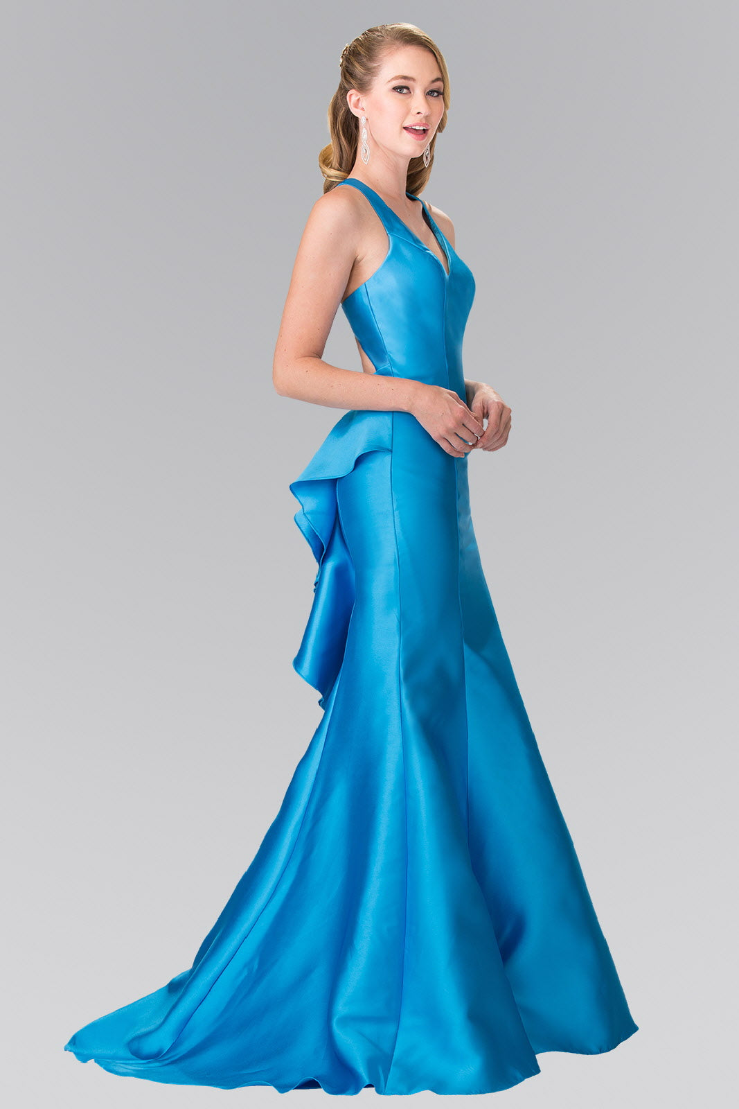 V-Neck Open Back Floor Length Dress with Back Ruffles Xs / Turquoise V-Neck Open Back Floor Length Dress with Back Ruffles Xs / Turquoise
