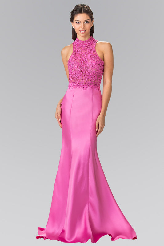 Long High-Neck Dress with Embroidered Bodice and Ruffle Back