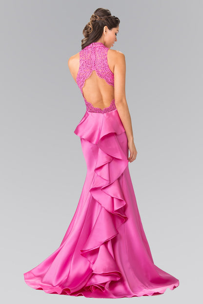 Long High-Neck Dress with Embroidered Bodice and Ruffle Back