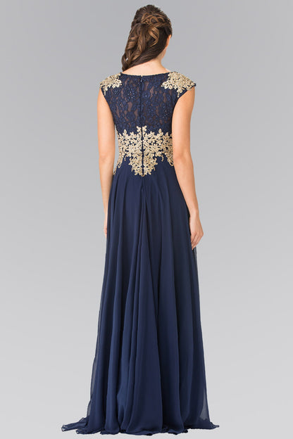 Embroidered Lace Top with Chiffon Skirt Long Dress with Sheer Back