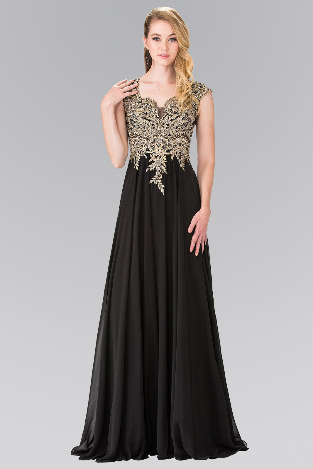 Full Embroidered Top Chiffon Long Dress with Sheer Back