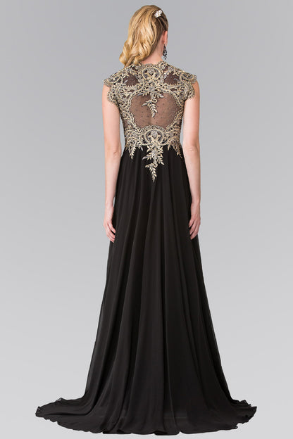 Full Embroidered Top Chiffon Long Dress with Sheer Back