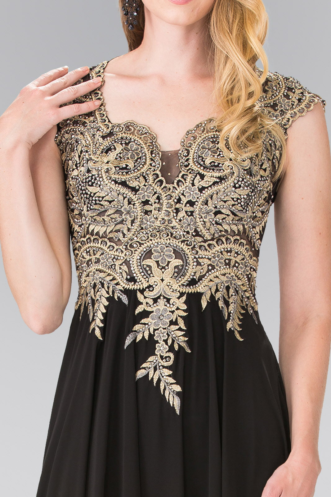 Full Embroidered Top Chiffon Long Dress with Sheer Back