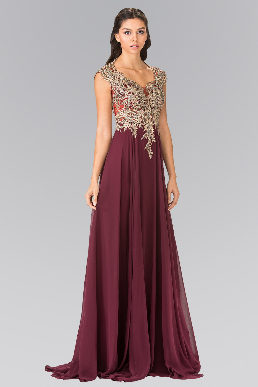 Full Embroidered Top Chiffon Long Dress with Sheer Back