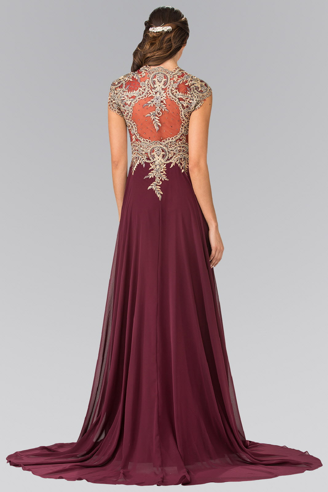 Full Embroidered Top Chiffon Long Dress with Sheer Back