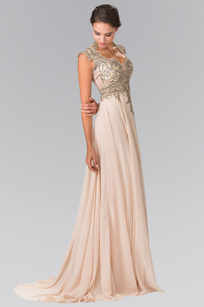 Full Embroidered Top Chiffon Long Dress with Sheer Back